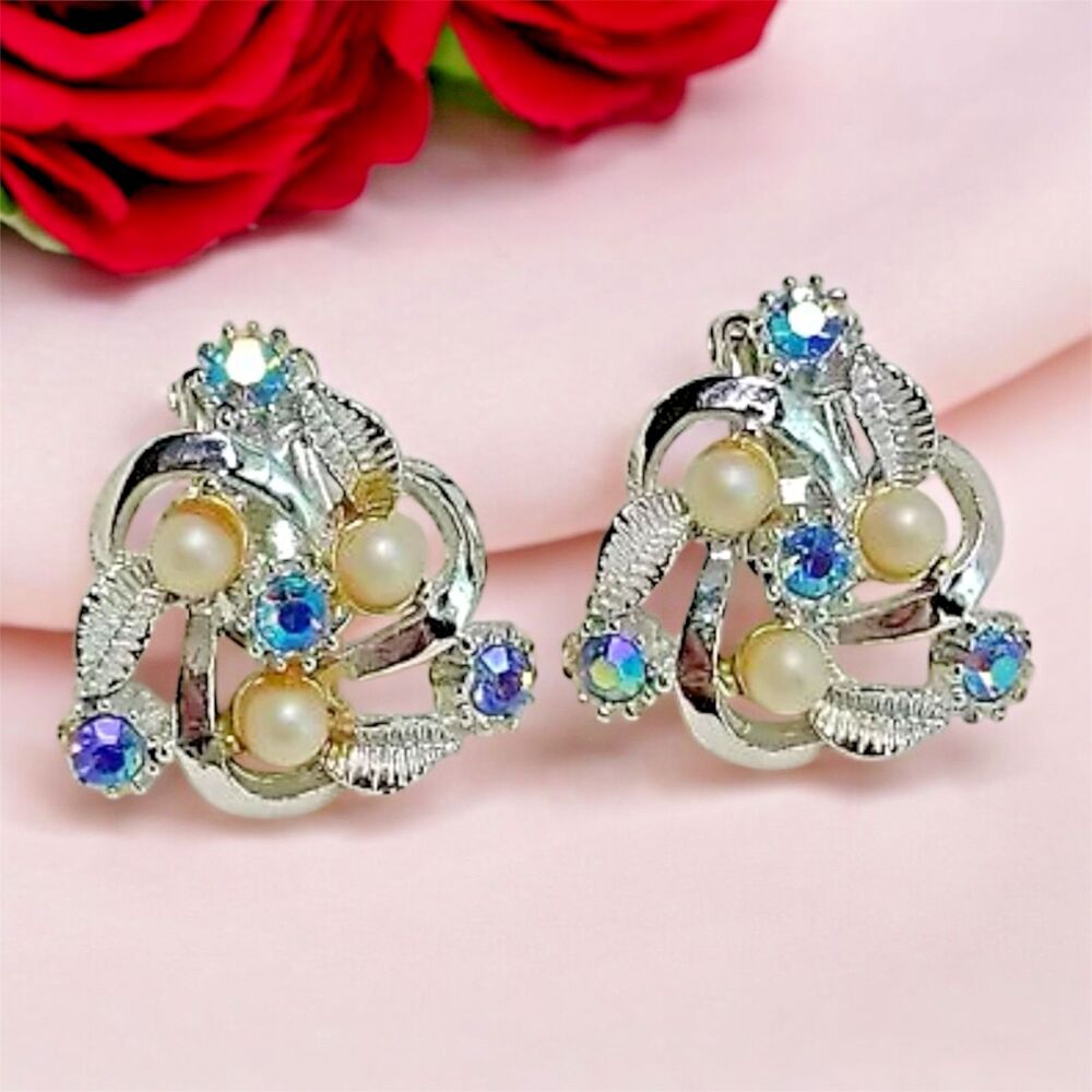 Vintage Blue Aurora Borealis Clip-On Earrings – Screw Back, Faux Stones